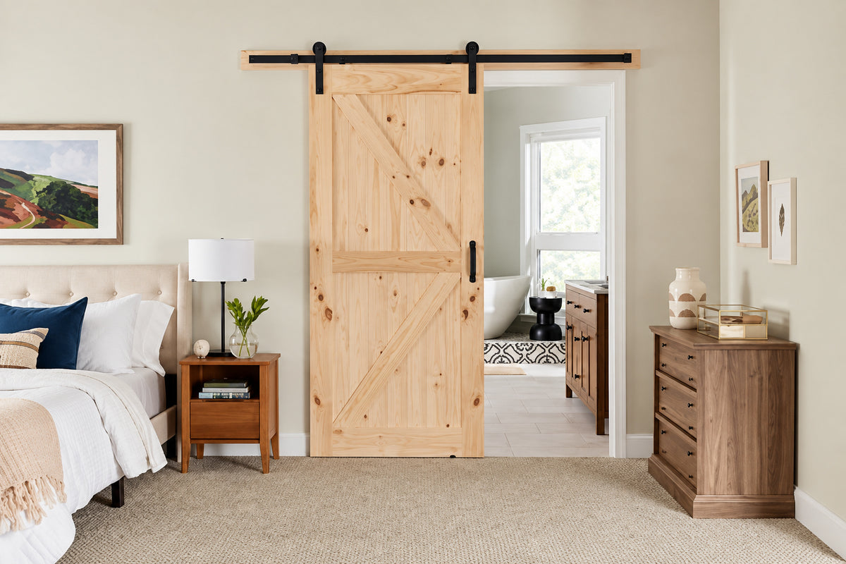 Masonite 36 in x 84 in 1 Panel K Bar Knotty Pine Wood Interior Sliding Barn Door Slab with Hardware Kit