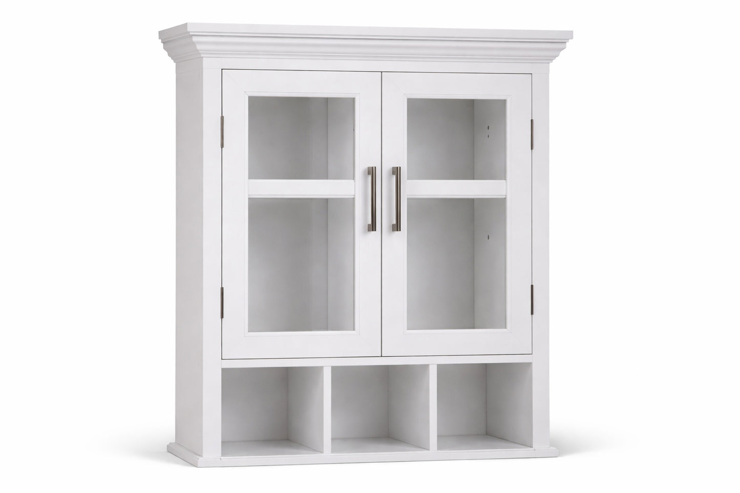 Simpli Home Avington 23 6 in W x 30 in H Double Door Bathroom Storage Wall Cabinet with Cubbies in Pure White