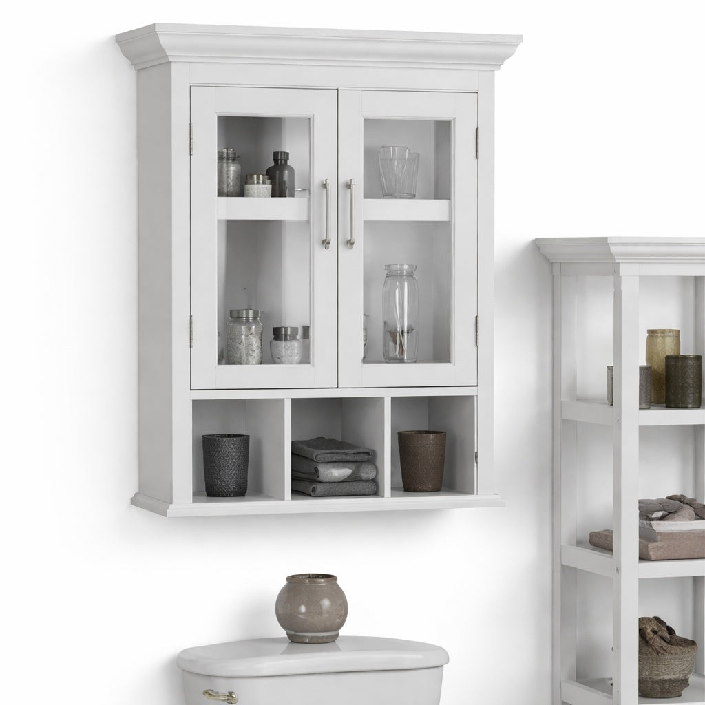 Simpli Home Avington 23 6 in W x 30 in H Double Door Bathroom Storage Wall Cabinet with Cubbies in Pure White
