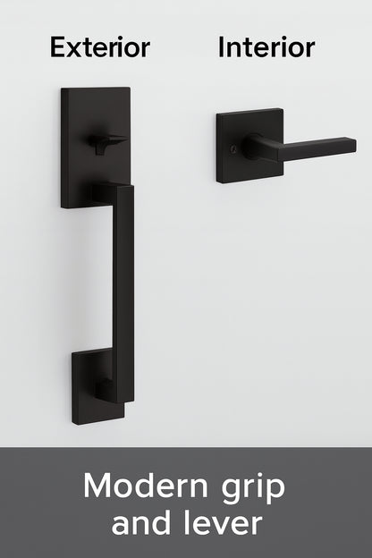 San Clemente Matte Black Door Handleset with Halifax Square Door Handle with Microban Antimicrobial Technology 815SCEXHFLSQT514RBP