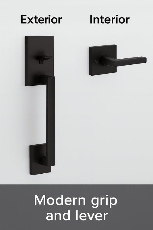 San Clemente Matte Black Door Handleset with Halifax Square Door Handle with Microban Antimicrobial Technology 815SCEXHFLSQT514RBP