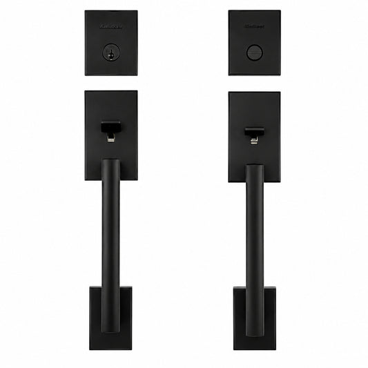 San Clemente Matte Black Keyed Entry Door Handleset and Non-Functioning Door Handleset for Front Exterior Double Doors