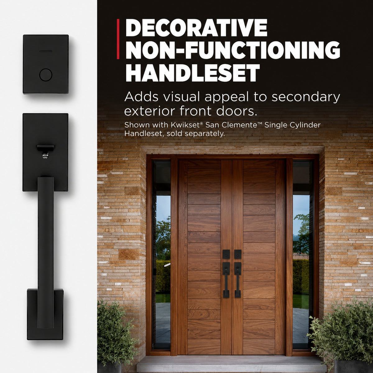 San Clemente Matte Black Keyed Entry Door Handleset and Non-Functioning Door Handleset for Front Exterior Double Doors
