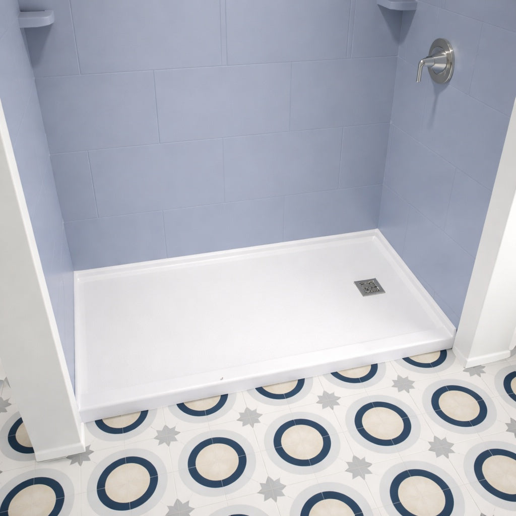 Bootz Industries Aloha Showercast 60 In L X 30 In W Alcove Shower Pan Base In White With Square Chrome Right Drain