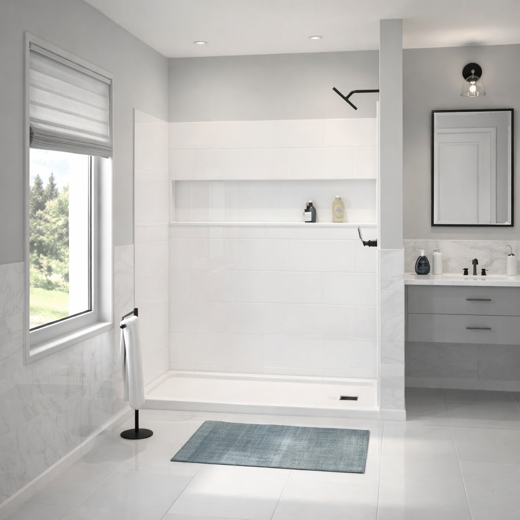 Bootz Industries Aloha ShowerCast 60 in L x 32 in W Alcove Shower Pan Base in White with Square Chrome Right Drain