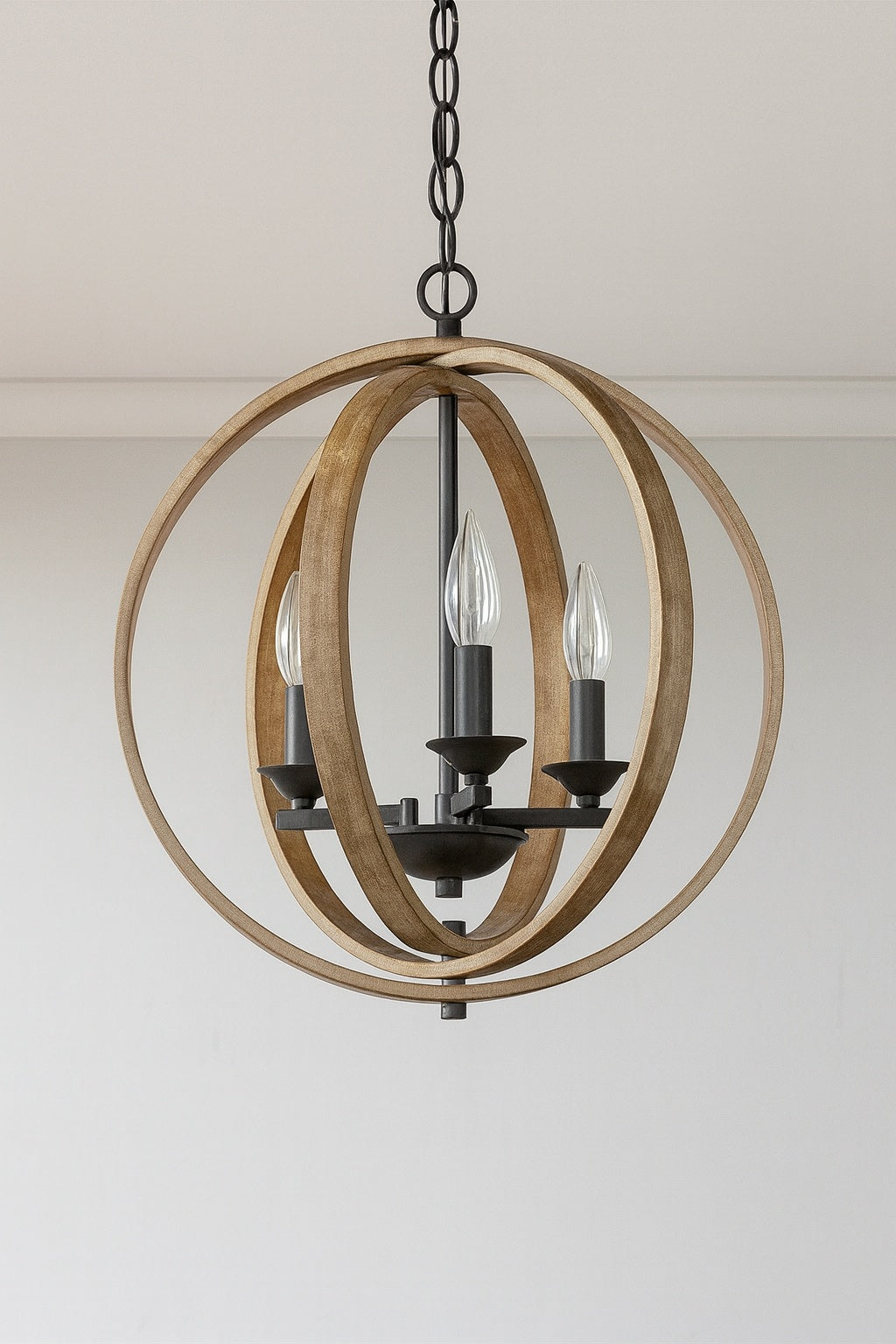 LNC Farmhouse 3 Light Black Globe Chandelier Candlestick Faux Wood Accent Cage Pendant Chandelier for Kitchen Dining Room