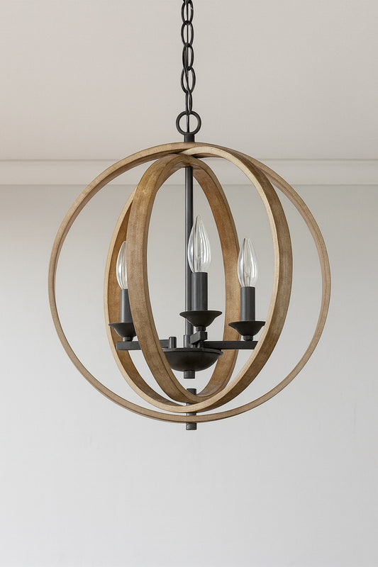 LNC Farmhouse 3 Light Black Globe Chandelier Candlestick Faux Wood Accent Cage Pendant Chandelier for Kitchen Dining Room