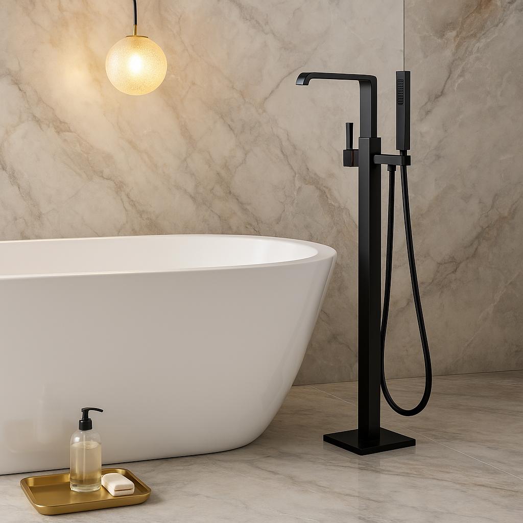 AKDY 1-Handle Freestanding Floor Mount Tub Faucet Bathtub Filler with Hand Shower in Matte Black