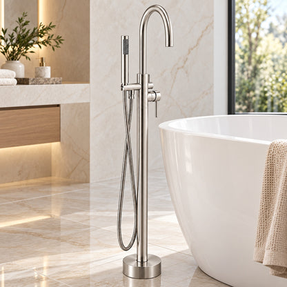 AKDY 1 Handle Freestanding Floor Mount Tub Faucet Bathtub Filler with Hand Shower in Brush Nickel TF0047