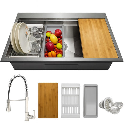 AKDY Handmade All in One Topmount Stainless Steel 33 in x 22 in Single Bowl Kitchen Sink w Spring Neck Faucet Accessory