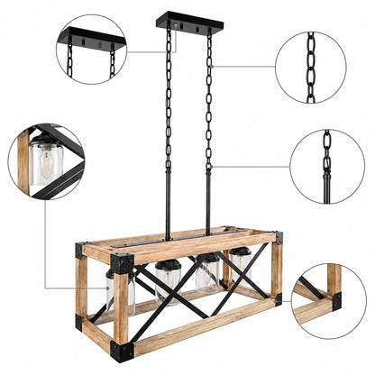 LNC Farmhouse Wood Island Chandelier Distressed Black Hanging Ceiling Light 4 Light Modern Pendant with Clear Glass Shades UUNMMMHD13685G7
