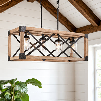 LNC Farmhouse Wood Island Chandelier Distressed Black Hanging Ceiling Light 4 Light Modern Pendant with Clear Glass Shades UUNMMMHD13685G7