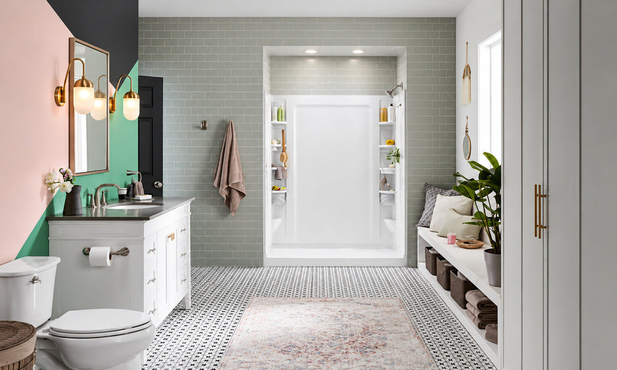 Sterling STORE 34 in x 72 6 in 2 Piece Direct to Stud Alcove Shower End Wall Set in White 72305700 0