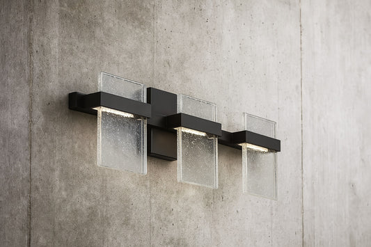Madrona 22 75 in W x 7 12 in H 3 Light Black Integrated LED Bathroom Vanity Light with Clear Seedy Acrylic Shades 204486A