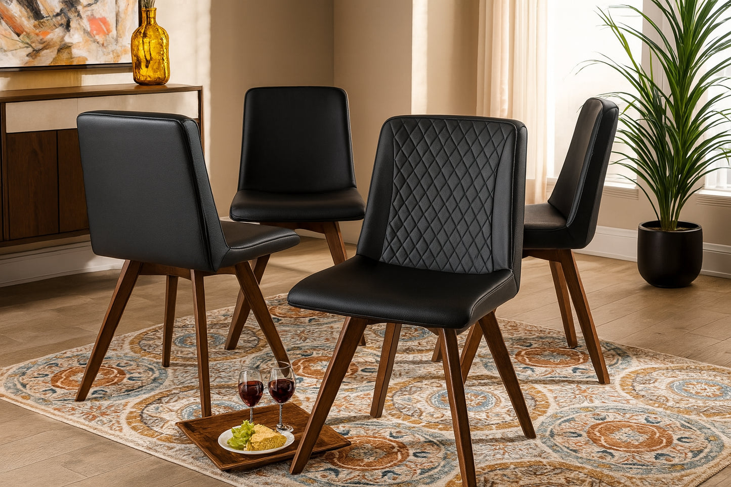 Pernille Black and Walnut Faux Leather Dining Chair (Set of 4)