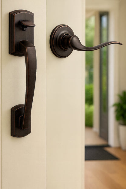 Prescott Door Handleset Only with Tustin Door Handle in Venetian Bronze 815PTHXTNL11PRBP