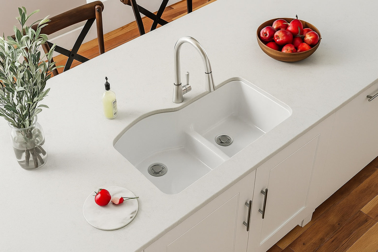 Quartz Classic 33 in Undermount Offset 60 40 Double Bowl White Granite Quartz Composite Kitchen Sink Only ELGHU3322RWH0