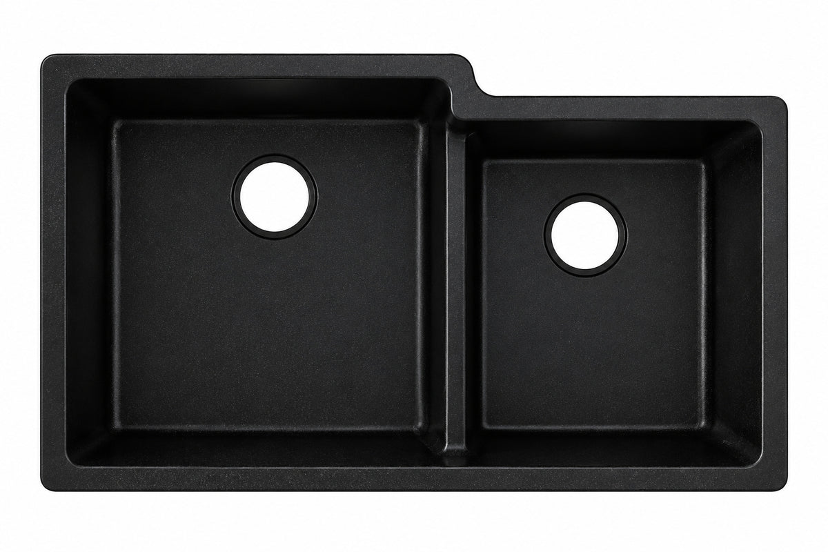 Elkay Quartz Classic 33 in Undermount Offset 60 40 Double Bowl Black Granite Quartz Composite Kitchen Sink Only ELGULBO3322BK0
