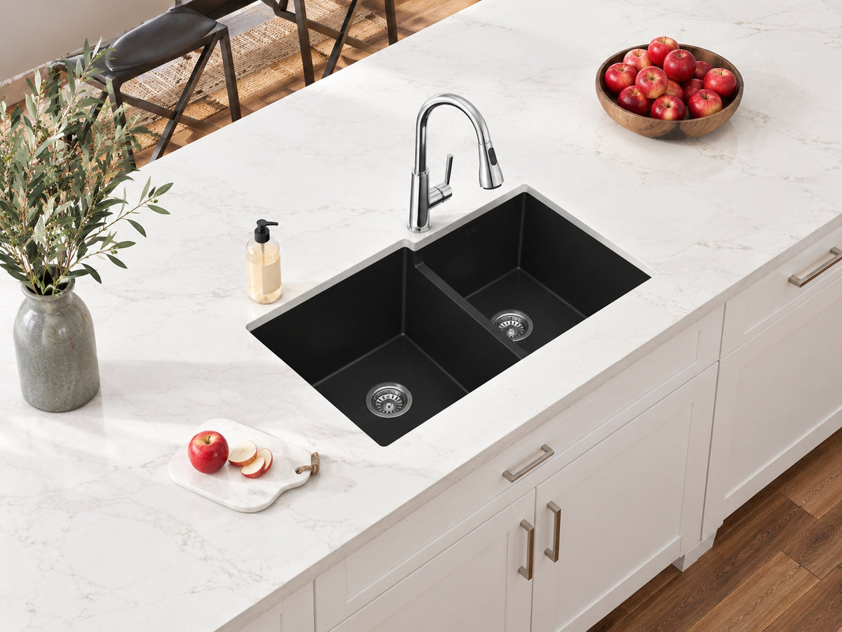 Elkay Quartz Classic 33 in Undermount Offset 60 40 Double Bowl Black Granite Quartz Composite Kitchen Sink Only ELGULBO3322BK0