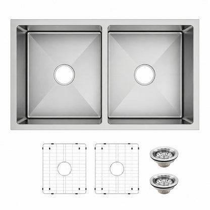 Glacier Bay Tight Radius 31 in Undermount 50 50 Double Bowl 18 Gauge Stainless Steel Kitchen Sink with Accessories