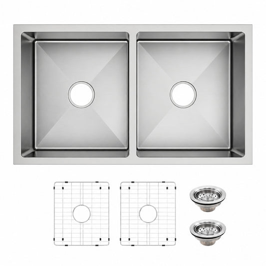 Glacier Bay Tight Radius 31 in Undermount 50 50 Double Bowl 18 Gauge Stainless Steel Kitchen Sink with Accessories