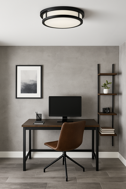 Hampton Bay Flaxmere 12 in. Matte Black Dimmable Integrated LED Flush Mount Ceiling Light with Frosted White Glass Shade