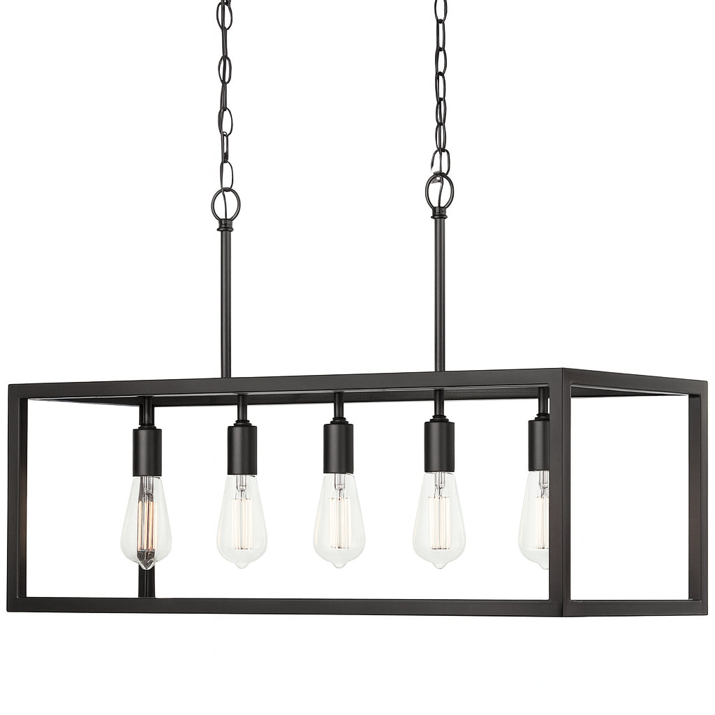 Boswell Quarter 5-Light Black Industrial Linear Island Hanging Chandelier for Kitchen Islands and Dining