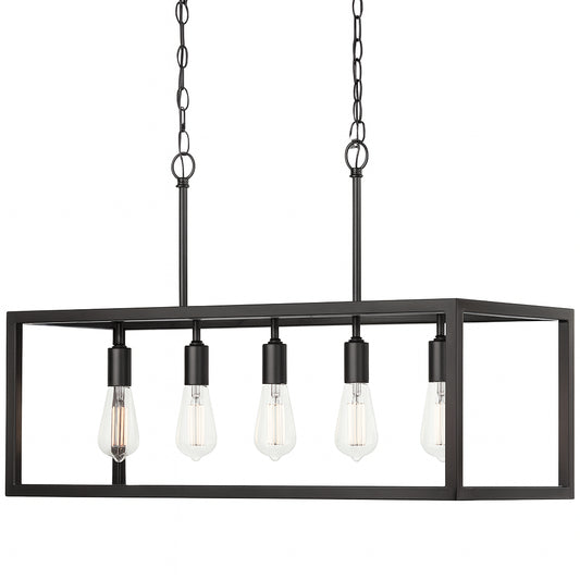 Boswell Quarter 5-Light Black Industrial Linear Island Hanging Chandelier for Kitchen Islands and Dining