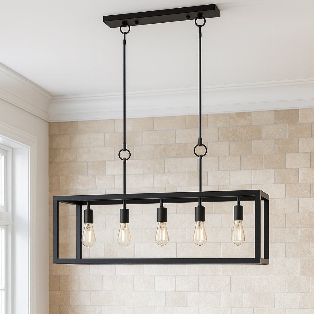 Boswell Quarter 5-Light Black Industrial Linear Island Hanging Chandelier for Kitchen Islands and Dining