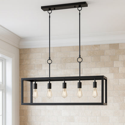 Boswell Quarter 5-Light Black Industrial Linear Island Hanging Chandelier for Kitchen Islands and Dining