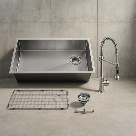 Glacier Bay AIO Tight Radius Undermount 18G Stainless Steel 36 in. Single Bowl Kitchen Sink with Offset Drain and Spring Neck Faucet, Silver