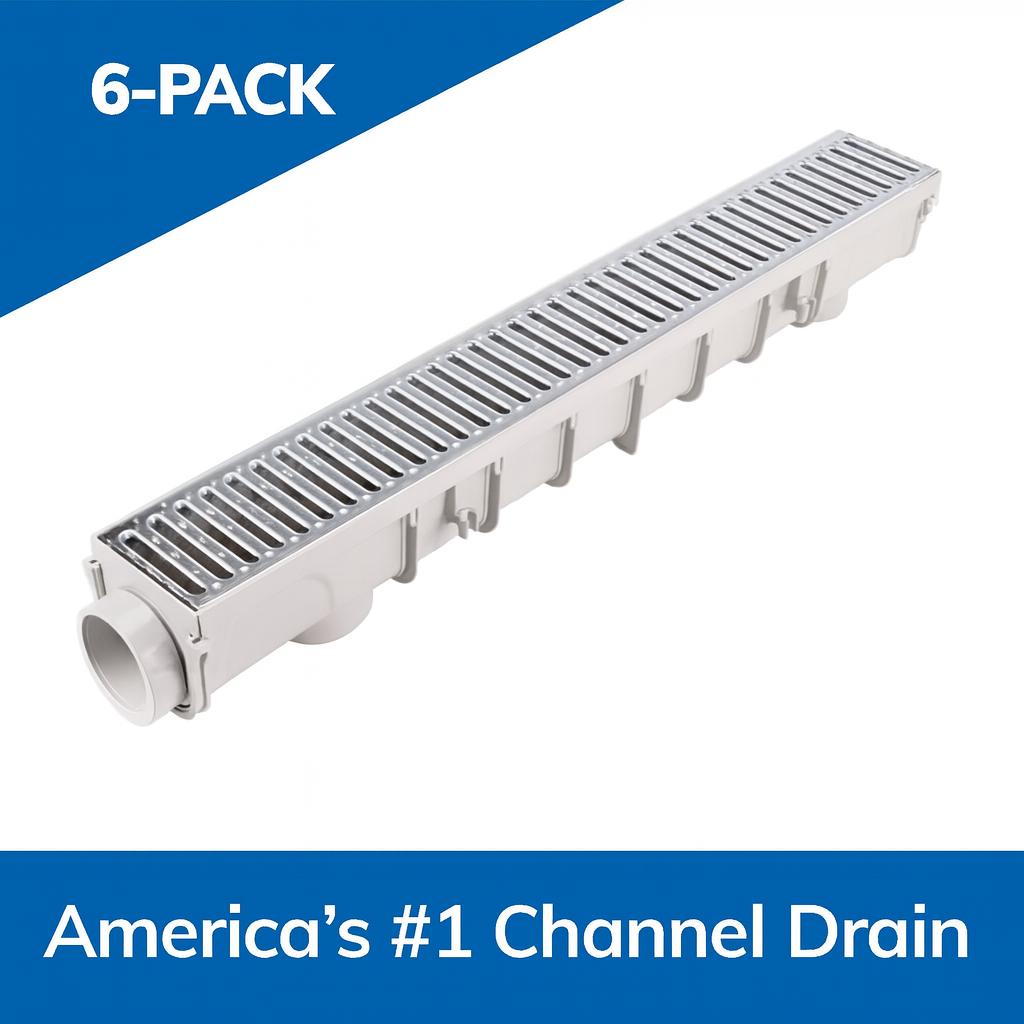 NDS 5 in. pro series channel drain Kit: 5-1/2 in. x 39-3/8 in. Deep Channel Gal Steel Grates End Caps/Outlet (6-Pk=19.7 ft.)