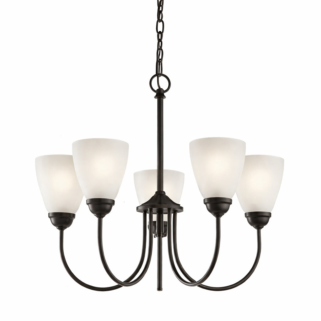 KICHLER Jolie 5 Light Olde Bronze Transitional Dining Room Chandelier with White Etched Glass Shade