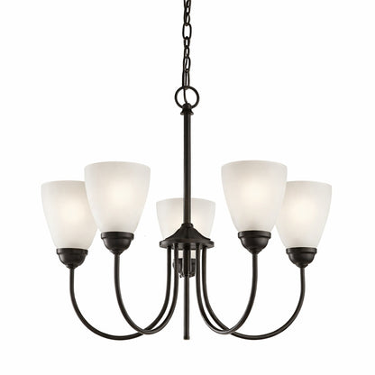 KICHLER Jolie 5 Light Olde Bronze Transitional Dining Room Chandelier with White Etched Glass Shade