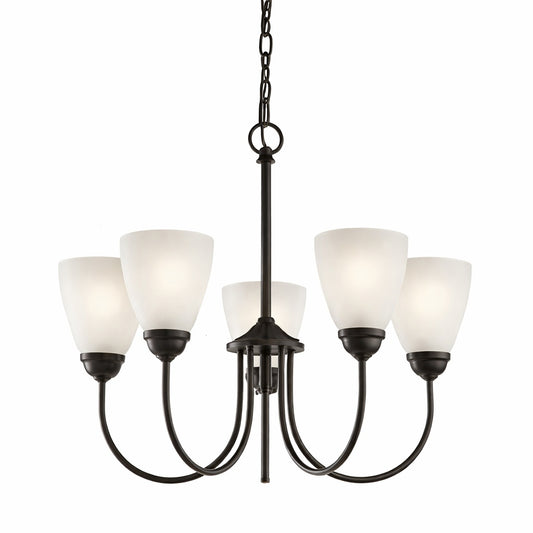 KICHLER Jolie 5 Light Olde Bronze Transitional Dining Room Chandelier with White Etched Glass Shade