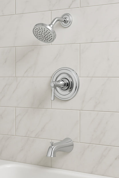 Pfister Courant Single-Handle 1-Spray Tub and Shower Faucet with White Ceramic Lever Handle in Polished Chrome (Valve Included)