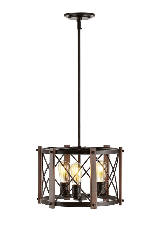 JONATHAN Y Ferme 16 in. 3-Light Oil Rubbed Bronze/Brown Adjustable Iron Rustic Farmhouse LED Pendant