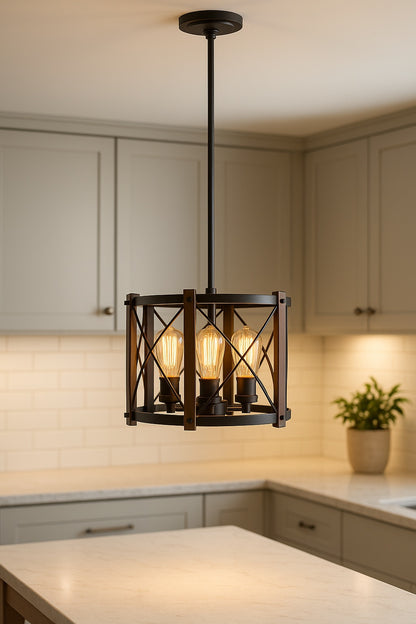 JONATHAN Y Ferme 16 in. 3-Light Oil Rubbed Bronze/Brown Adjustable Iron Rustic Farmhouse LED Pendant