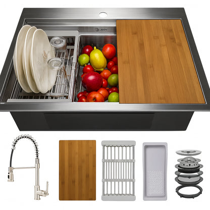 All in One 25 in x 22 in Drop in Stainless Steel Single Bowl Workstation Kitchen Sink with Pull Down Faucet KS0383