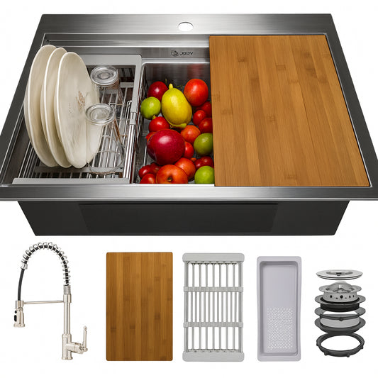 All in One 25 in x 22 in Drop in Stainless Steel Single Bowl Workstation Kitchen Sink with Pull Down Faucet KS0383