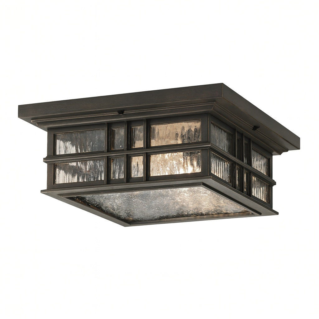 KICHLER Beacon Square 2 Light Olde Bronze Outdoor Porch Ceiling Flush Mount Light with Clear Hammered Glass 1 Pack