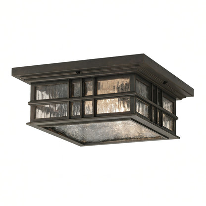 KICHLER Beacon Square 2 Light Olde Bronze Outdoor Porch Ceiling Flush Mount Light with Clear Hammered Glass 1 Pack