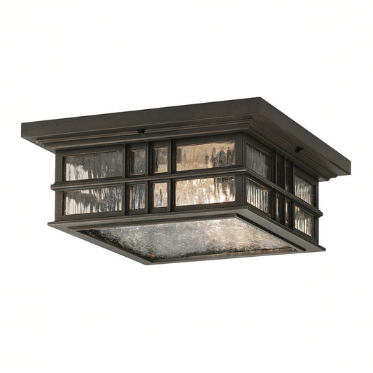 KICHLER Beacon Square 2 Light Olde Bronze Outdoor Porch Ceiling Flush Mount Light with Clear Hammered Glass 1 Pack