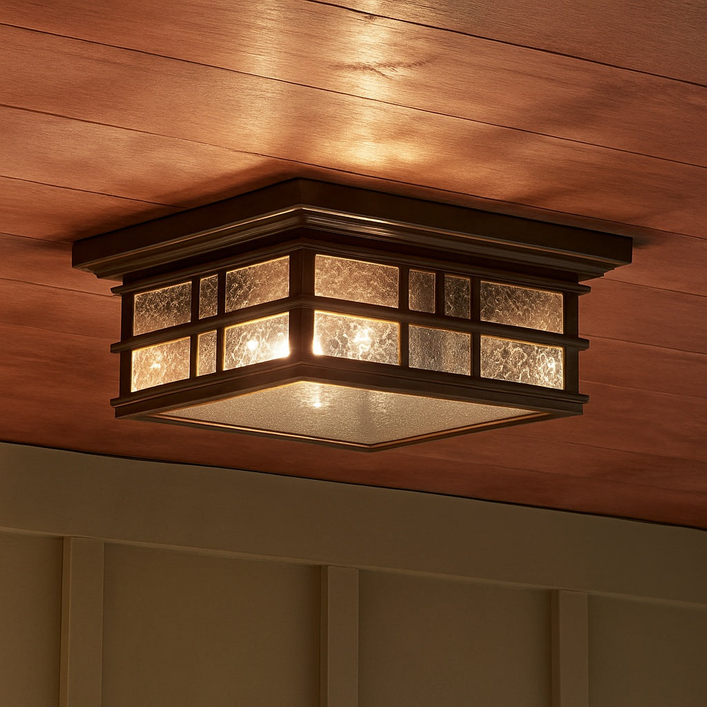KICHLER Beacon Square 2 Light Olde Bronze Outdoor Porch Ceiling Flush Mount Light with Clear Hammered Glass 1 Pack