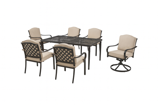 Hampton Bay Laurel Oaks 7-Piece Dark Brown Steel Outdoor Patio Dining Set with CushionGuard Putty Cushions