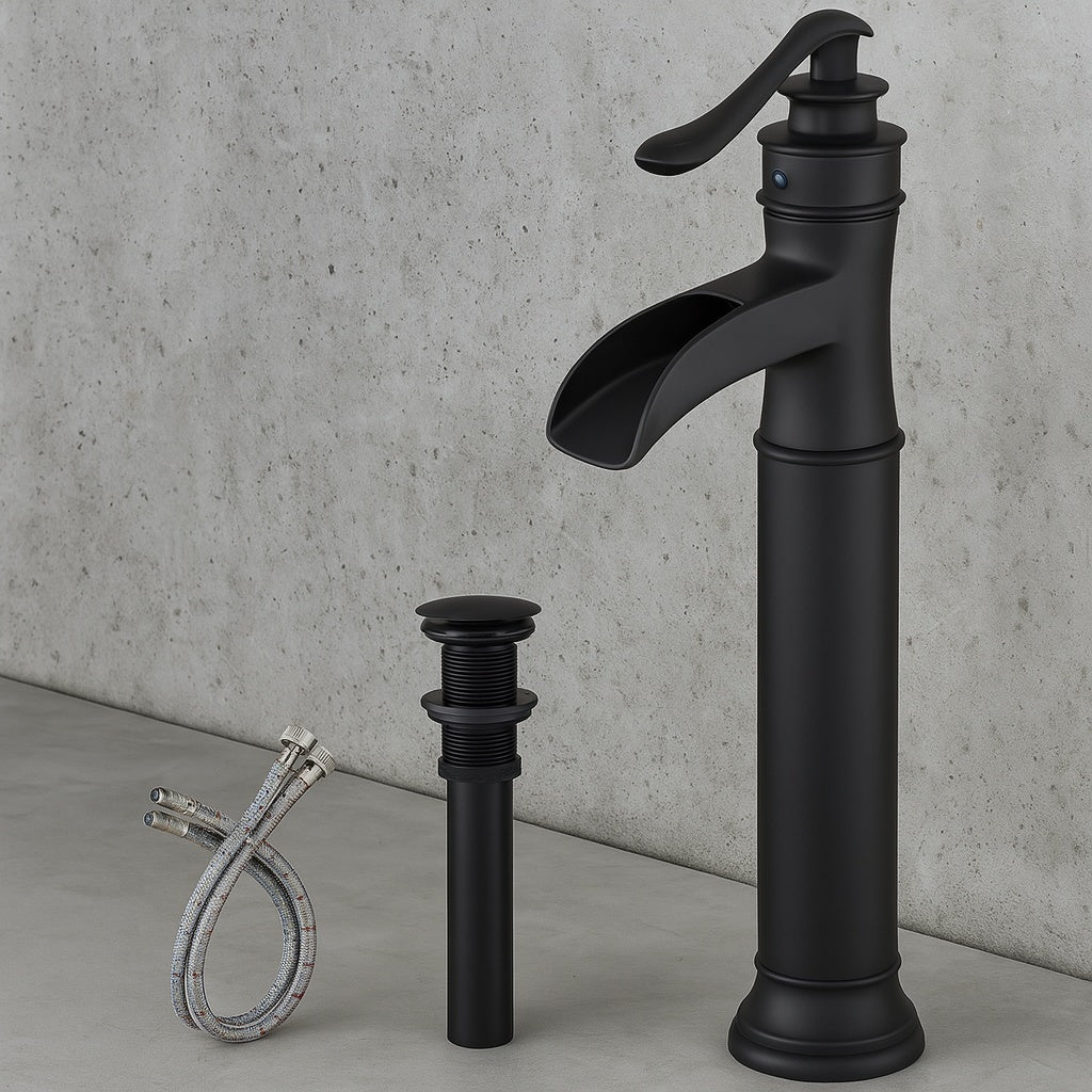 Waterfall Single Hole Single-Handle Vessel Bathroom Faucet With Pop-up Drain Assembly in Matte Black