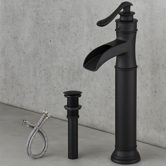 Waterfall Single Hole Single-Handle Vessel Bathroom Faucet With Pop-up Drain Assembly in Matte Black