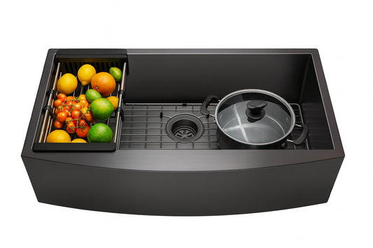 AKDY Matte Black Finished Stainless Steel 33 in. x 20 in. Single Bowl Farmhouse Apron Mount Kitchen Sink with Accessories