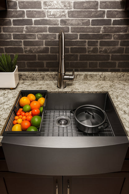 AKDY Matte Black Finished Stainless Steel 33 in. x 20 in. Single Bowl Farmhouse Apron Mount Kitchen Sink with Accessories