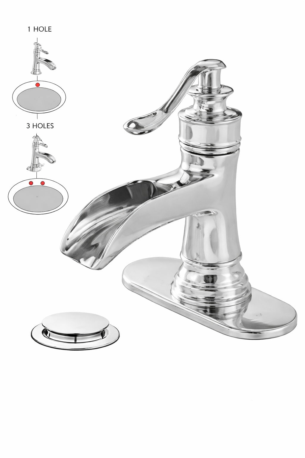 BWE Waterfall Single Hole Single Handle Low Arc Bathroom Faucet With Pop up Drain Assembly in Polished Chrome